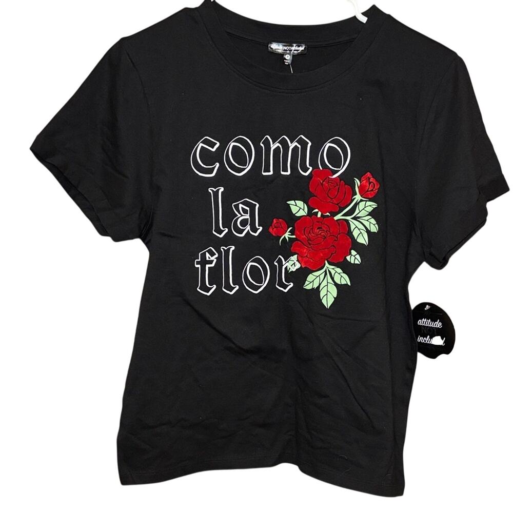 NWT Como La Flor Rose Graphic Tee Black Short Sleeve Womens Medium